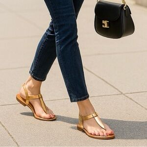 ZARA Gold Leather Flat Sandals Size 6 EU 36 NWT Leather Upper, Rubber Sole